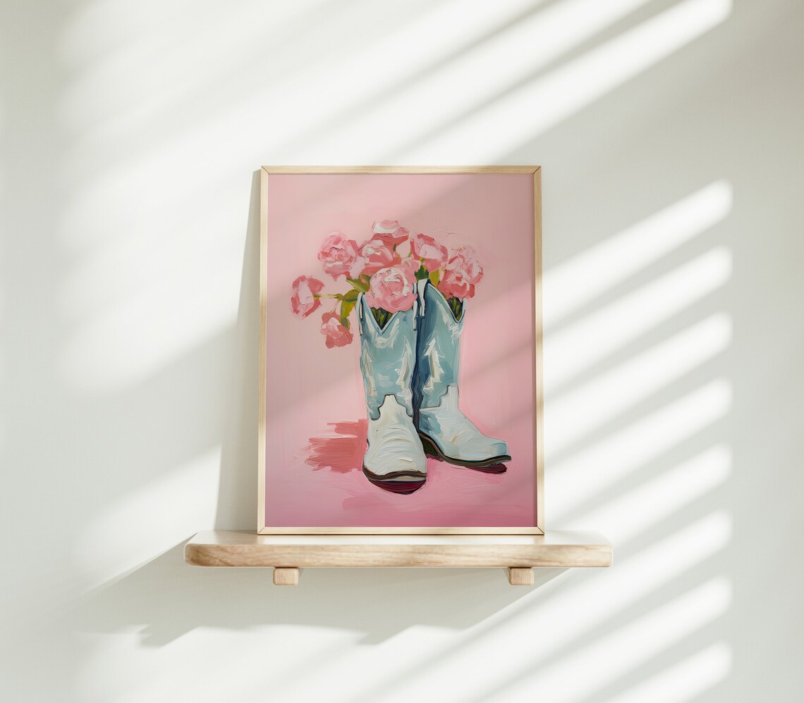 Pink Cowboy Boots with Pink Roses Vintage Oil Painting Poster - Image 4