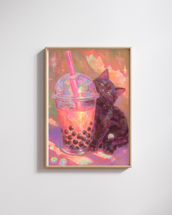 Whimsical Cat Cocktail Art Print Cute Black And White Kitten In Glass With Umbrella Pastel Bar Wall Decor