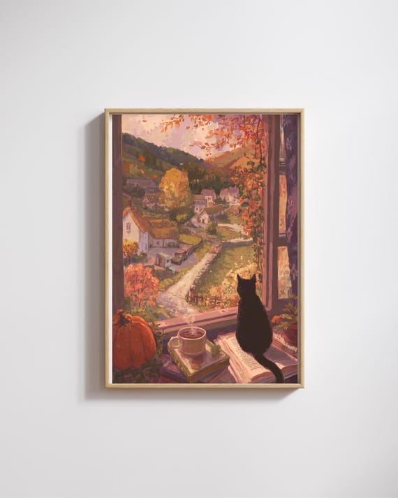 Black Cat Autumn Village Window Cozy Fall Reading Scene Poster