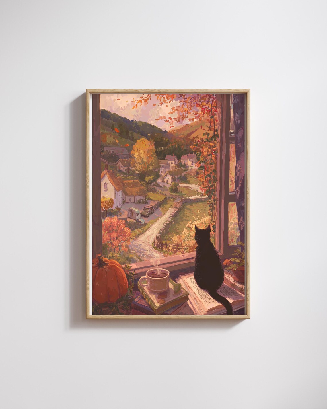 Black Cat Autumn Village Window Cozy Fall Reading Scene Poster