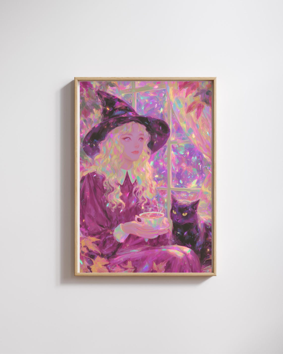 Blonde Witch Black Cat Tea Glowing Autumn Window Fantasy Art Poster