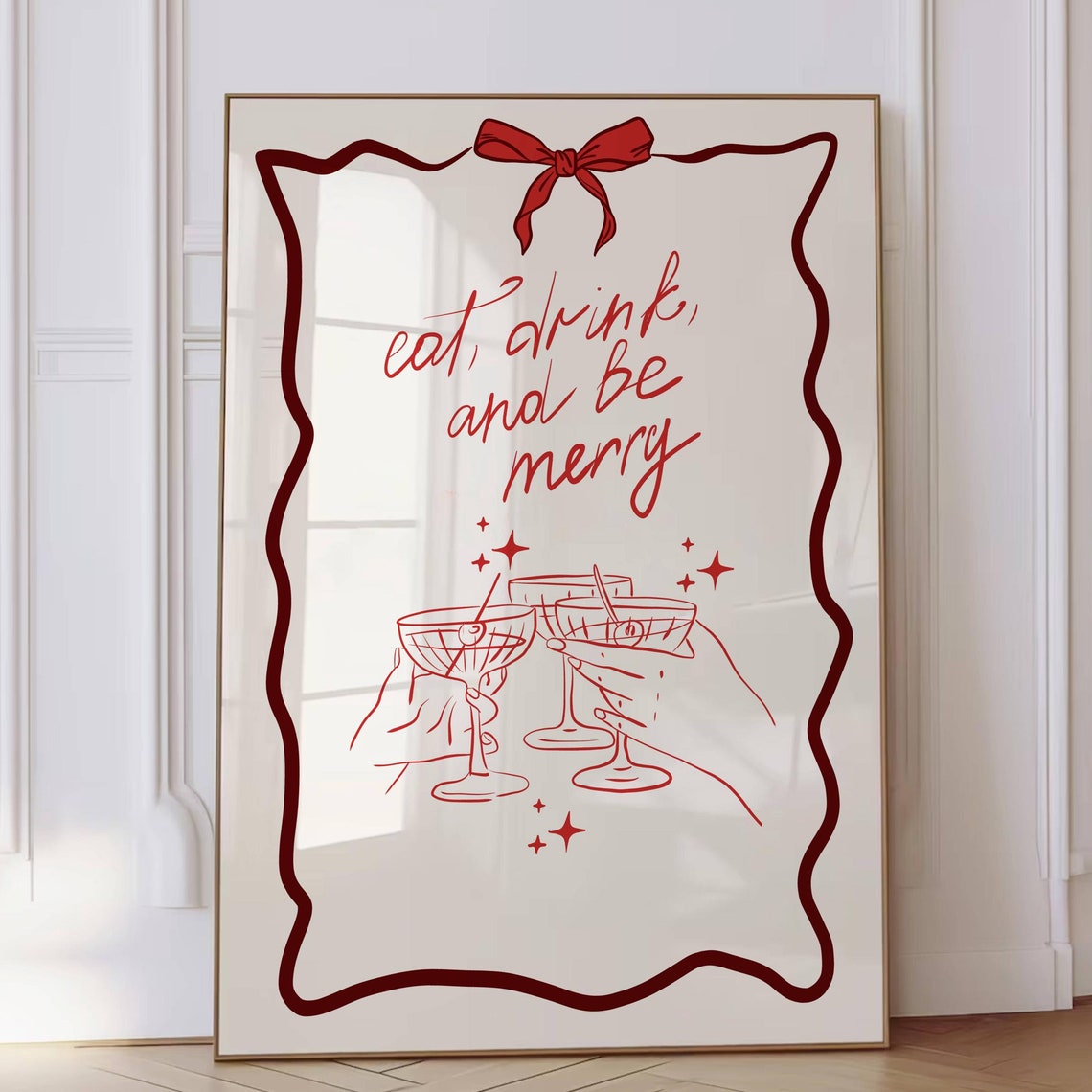 Eat Drink And Be Merry Cocktail Toast Red Wavy Border Poster