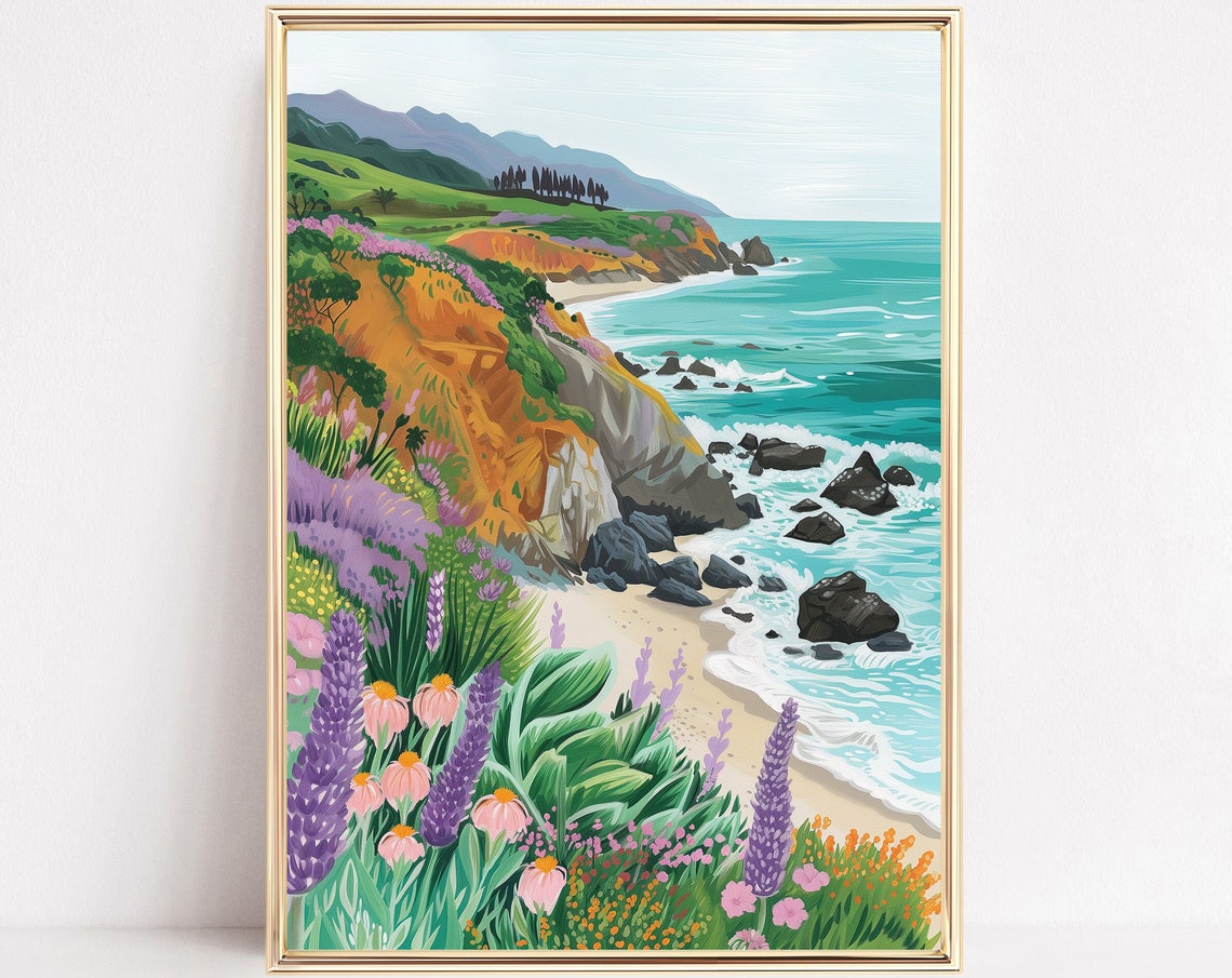 Rocky Coastal Cliffs Wildflowers Ocean Illustration Art Print