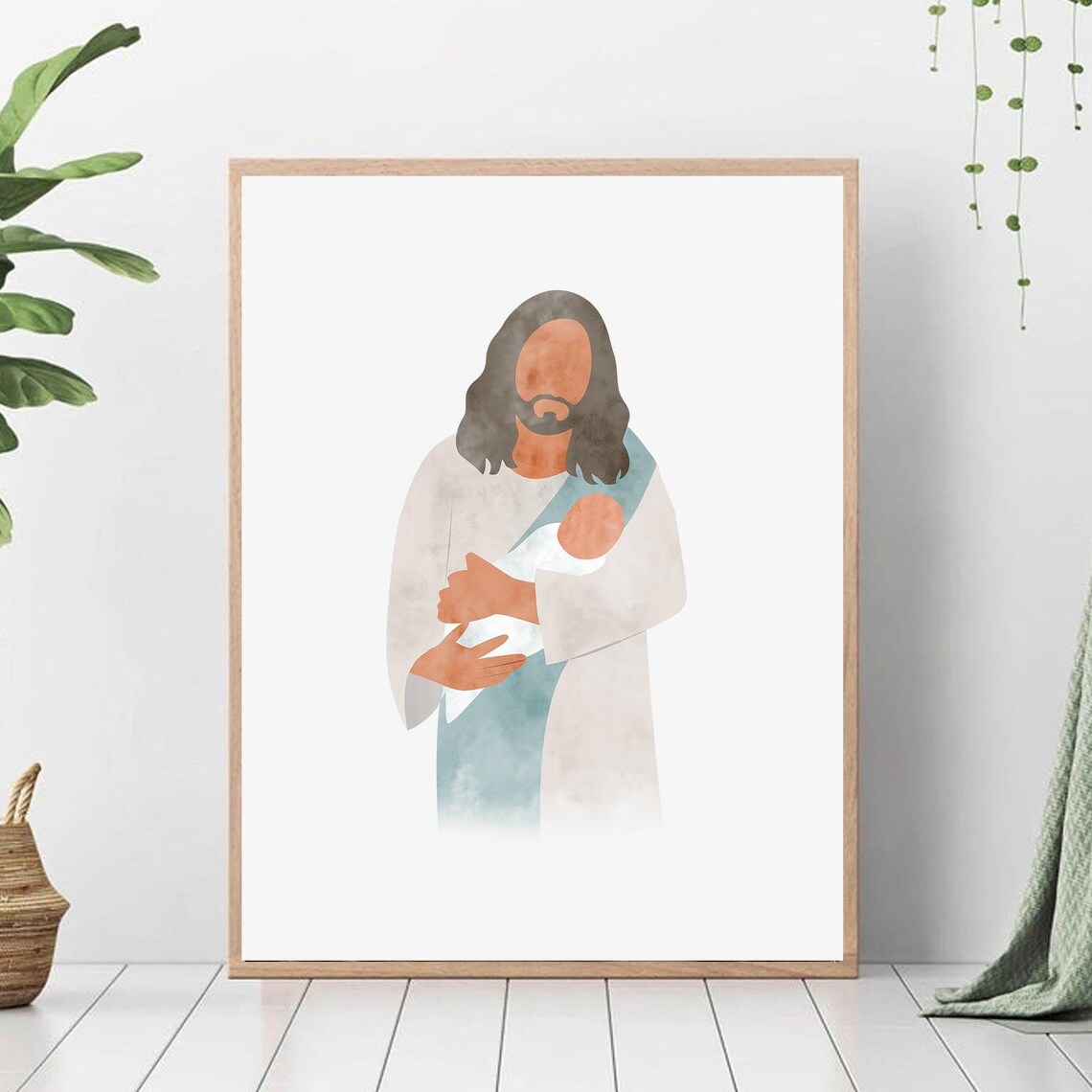 Jesus Tenderly Holding a Baby in Soft Teal Watercolor Poster