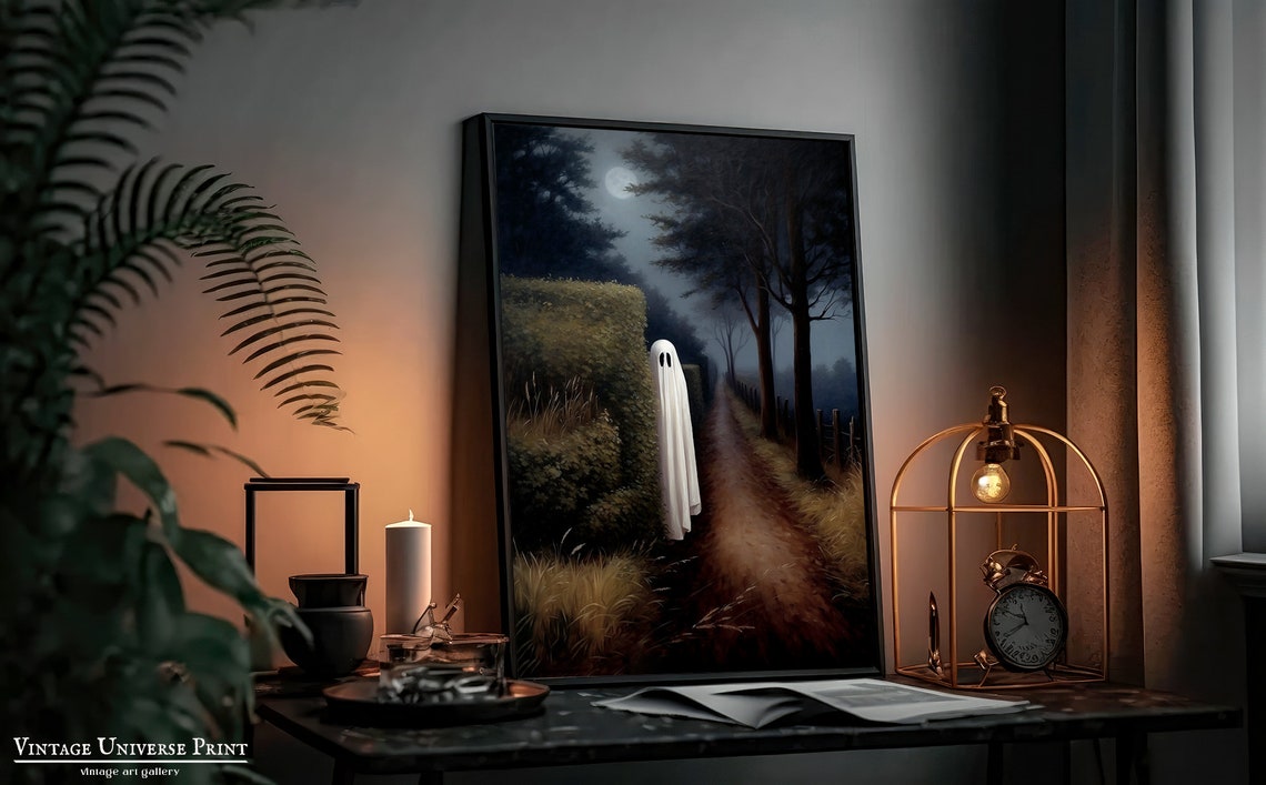 Ghost Peeking Around A Hedge On A Moonlit Country Lane Poster - Image 3