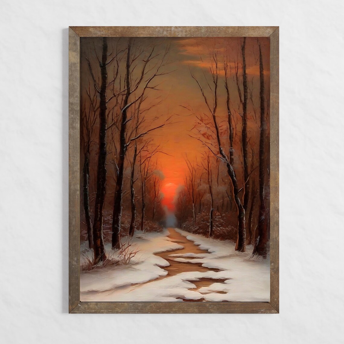 Muted Winter Landscape Painting Vintage Christmas Art Print Warm Winter Wall Art Snowy Wood Landscape Painting Wall Art - Image 3