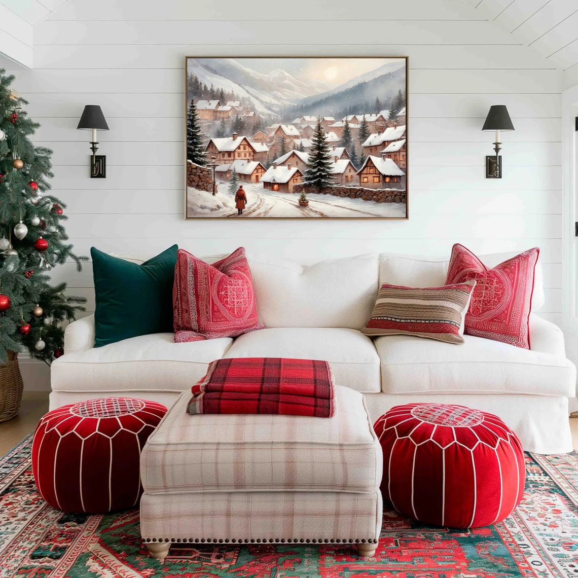 Christmas Town Print Snowy Winter Wall Art Christmas Tree Village Print Holiday Painting Seasonal Home Decor Christmas Art - Image 3
