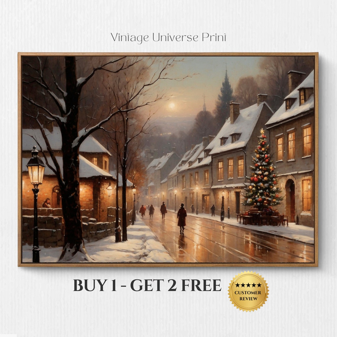 Snowy Village Street Christmas Tree Glowing Dusk Winter Poster