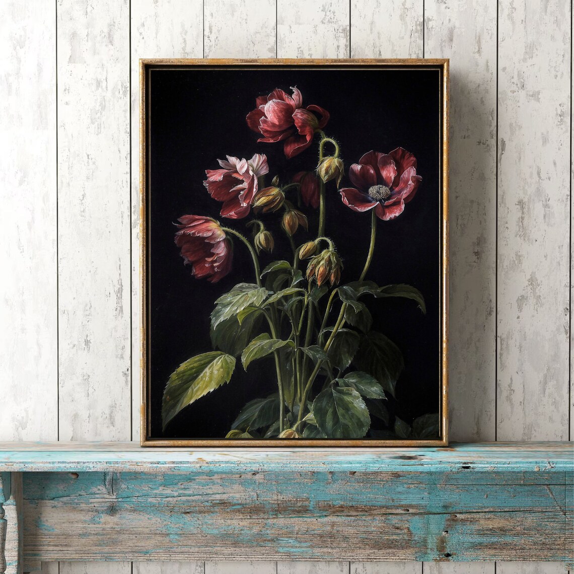 Deep Red Poppies Moody Dark Floral Vintage Oil Painting Wall Art - Image 4