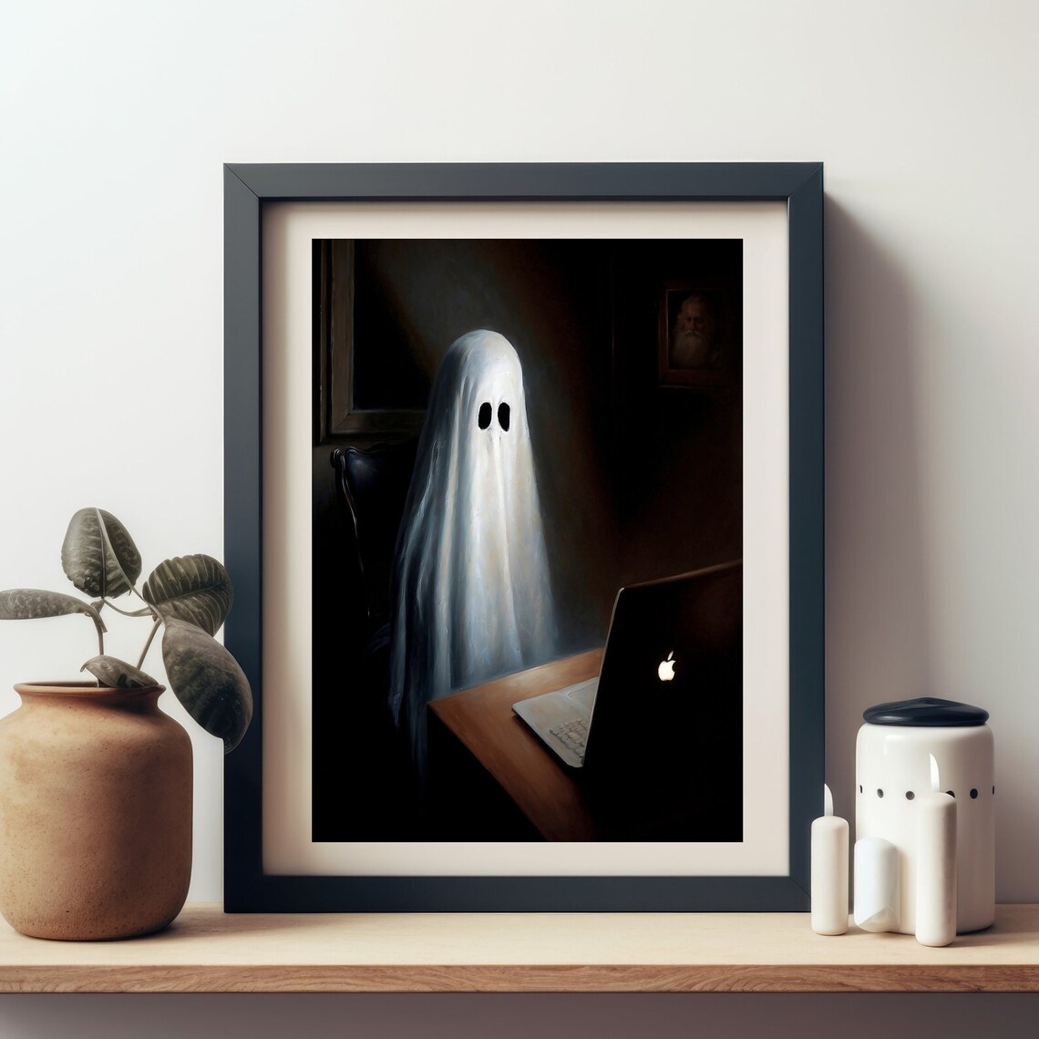 Ghost Working At A Desk With Laptop In Dark Room Funny Print - Image 3