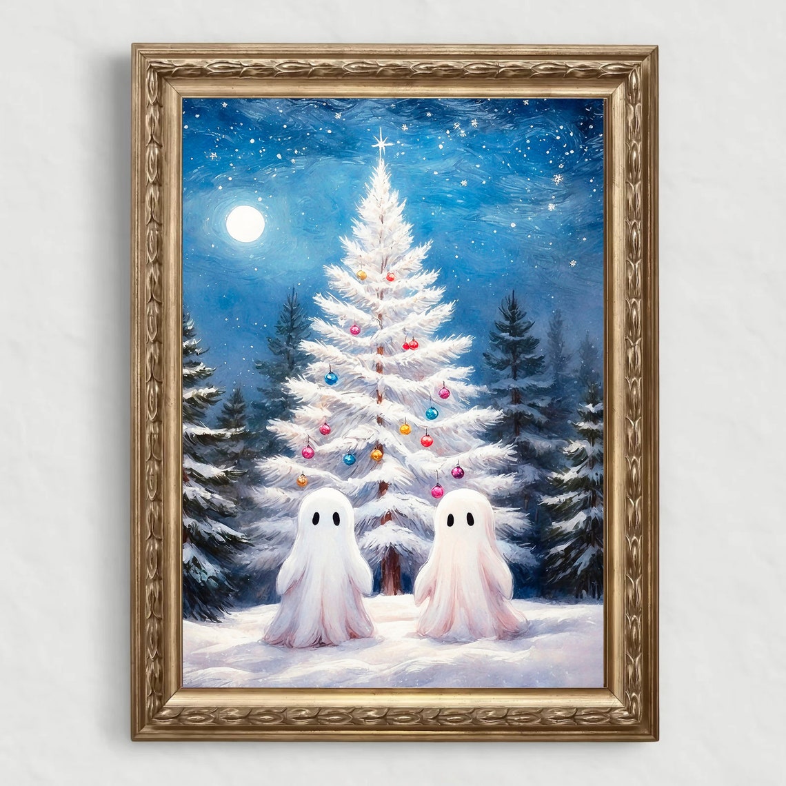 Two Ghosts by Snowy White Christmas Tree Under Moonlight Print - Image 4