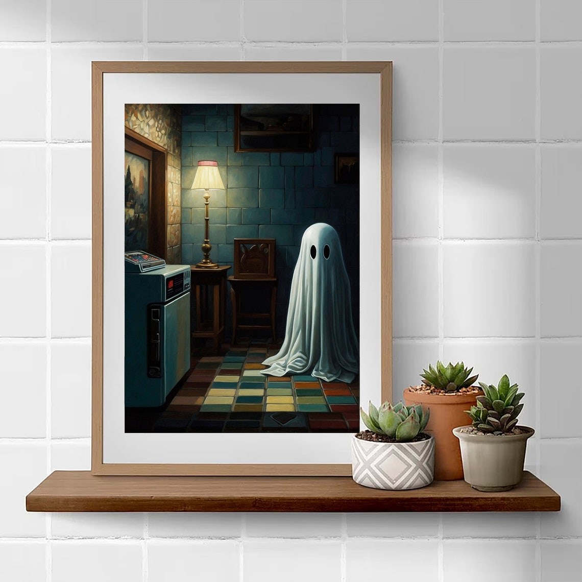 Friendly Sheet Ghost In A Dark Tiled Room Vintage Halloween Poster - Image 4