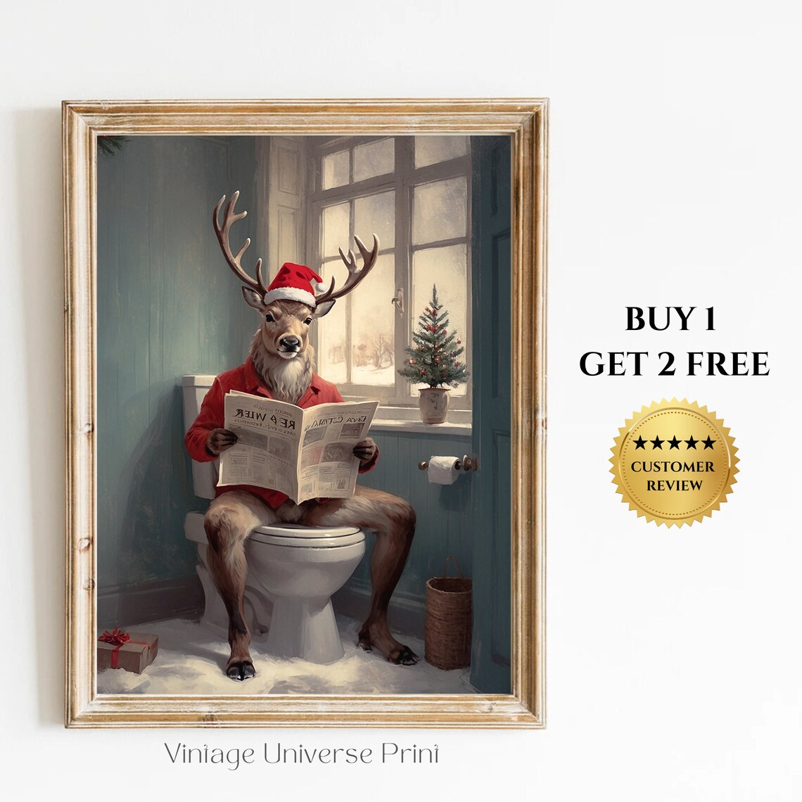 Funny Reindeer On Toilet Christmas Bathroom Humor Santa Hat Poster