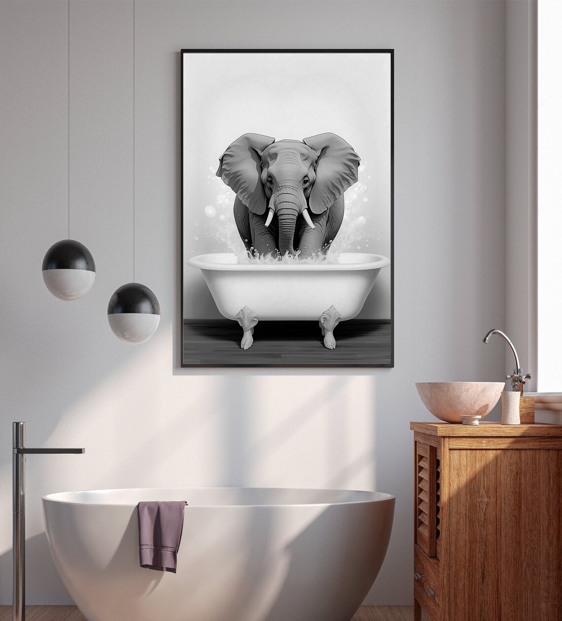 Elephant Splashing In Clawfoot Bathtub Black And White Poster - Image 3