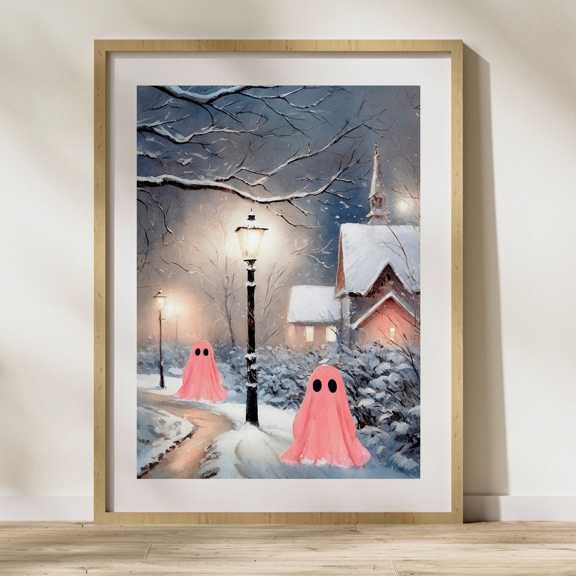 Cute Ghosts In Winter Town Vintage Painting Snowy Art Print Christmas Village Print Holiday Painting Seasonal Home Decor Printable04 - Image 4