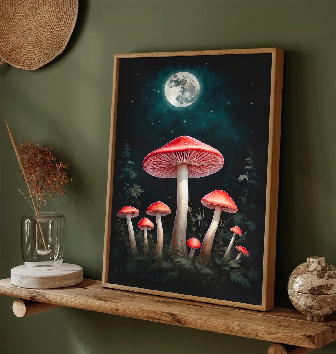 Red Capped Mushrooms Under a Full Moon in Dark Starry Night Art Print - Image 5