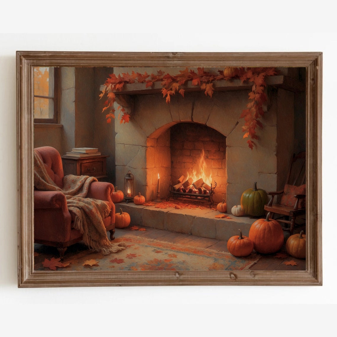 Cozy Stone Fireplace With Pumpkins Fall Interior Scene Poster - Image 4