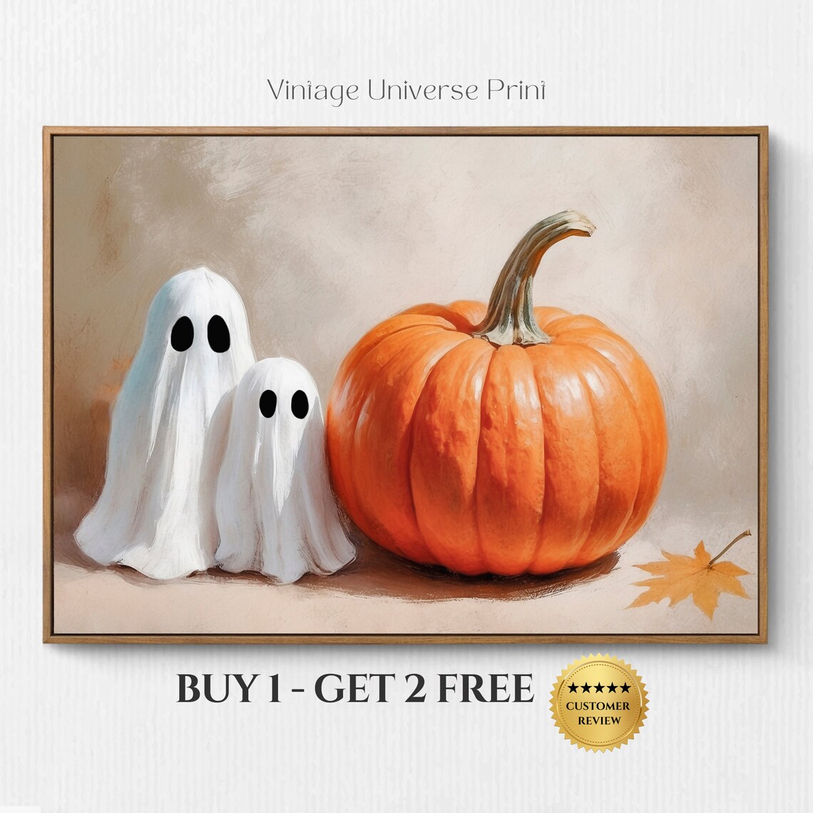 Two Cute Ghosts Posing With A Giant Orange Pumpkin Minimalist Fall Painting Poster