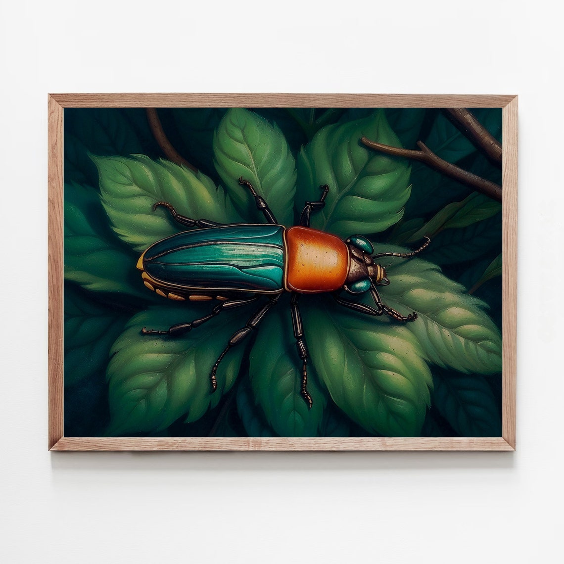 Iridescent Jewel Beetle on Green Leaves Entomology Art Print - Image 5