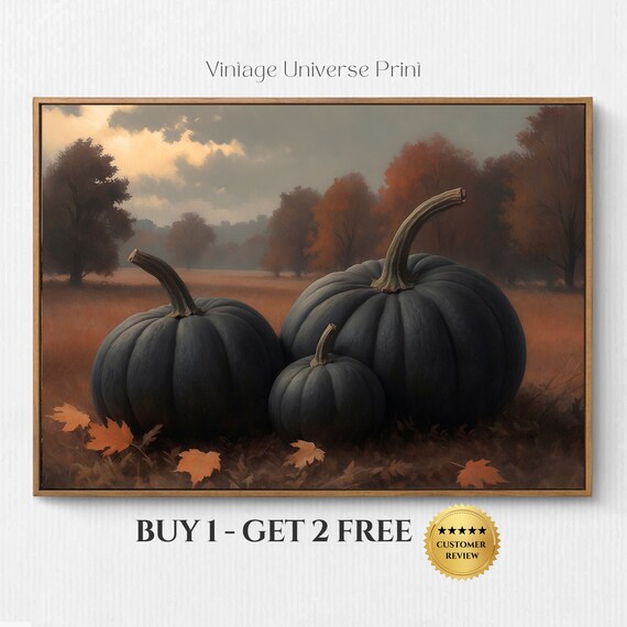 Black Pumpkins Vintage Print Fall Pumpkin Wall Art Moody Autumn Painting Fall Rustic Wall Print Halloween Decor Farmhouse