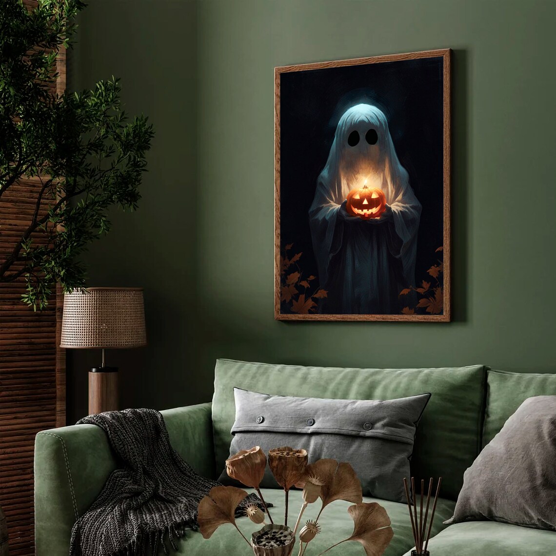 Ghost Holding A Glowing Jack O Lantern In The Dark Spooky Halloween Art Print - Image 2
