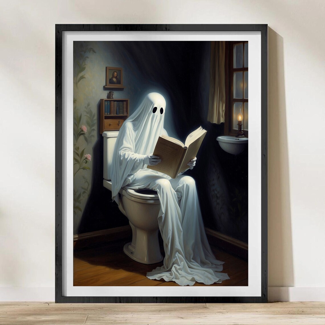 Ghost Reading on the Toilet by Lantern Light in a Vintage Bathroom Poster - Image 3