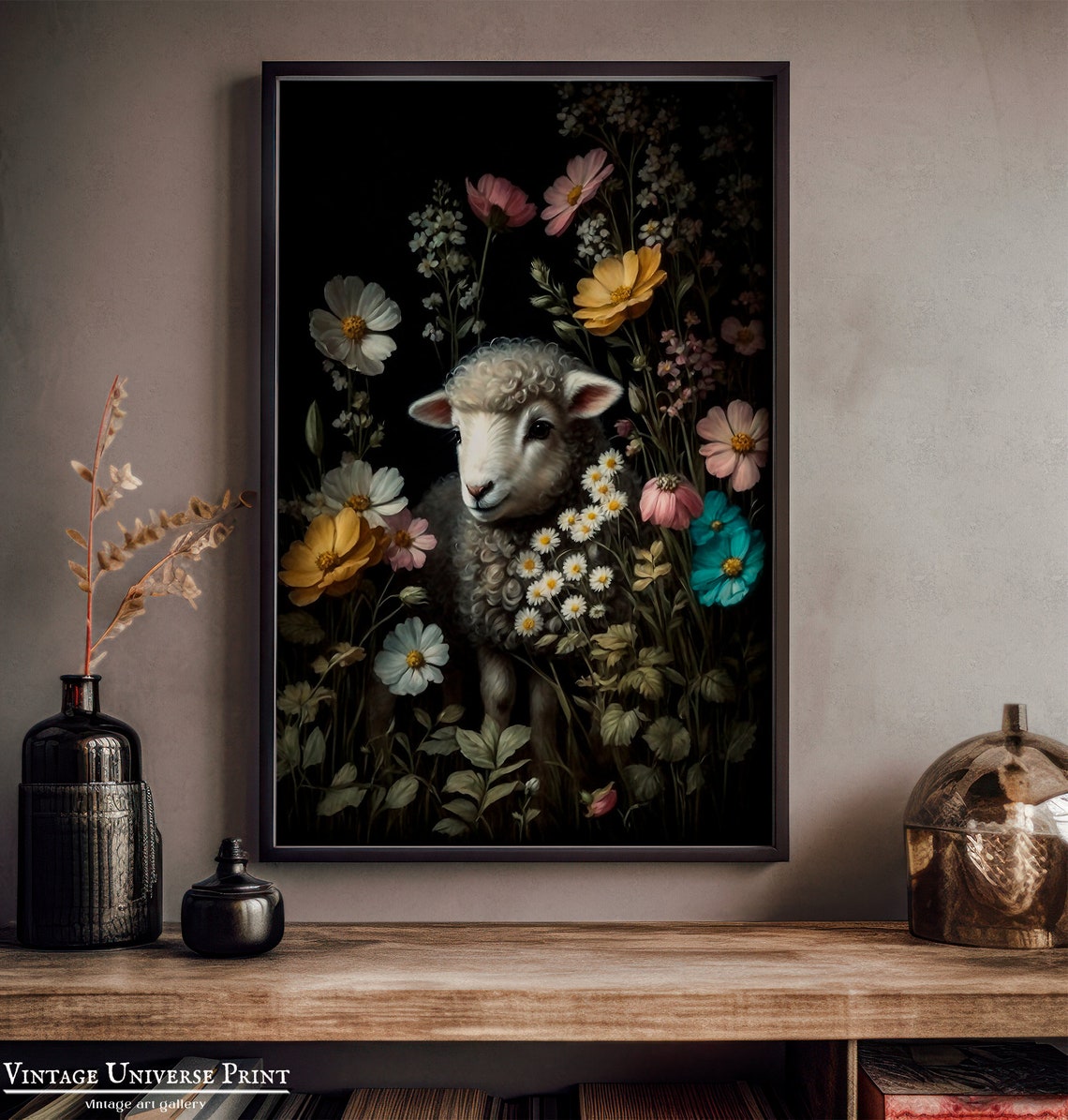 Sheep Painting Moody Antique Oil Painting Floral Sheep Print Dark Academia Decor Moody Flowers Vintage Sheep Print Wall Art - Image 3