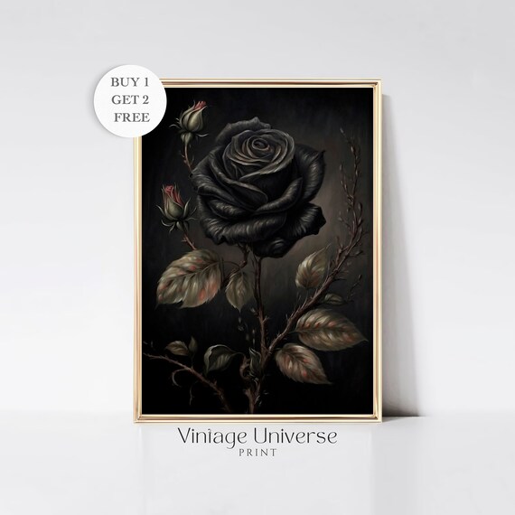 Black Rose Print Vintage Black Rose Painting Moody Flower Wall Art Dark Floral Art Print Dark Academia Room Decor