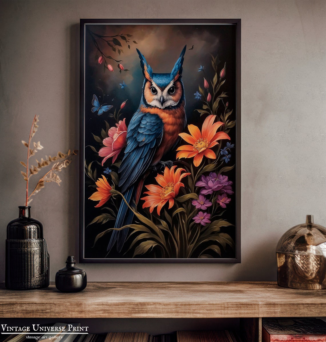 Blue Owl With Orange Breast Among Colorful Flowers On Black Poster - Image 4