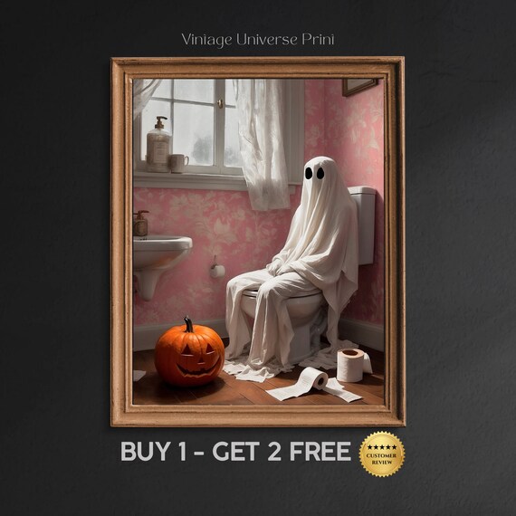 Ghost Sitting On A Toilet In A Pink Floral Bathroom Funny Halloween Art Print