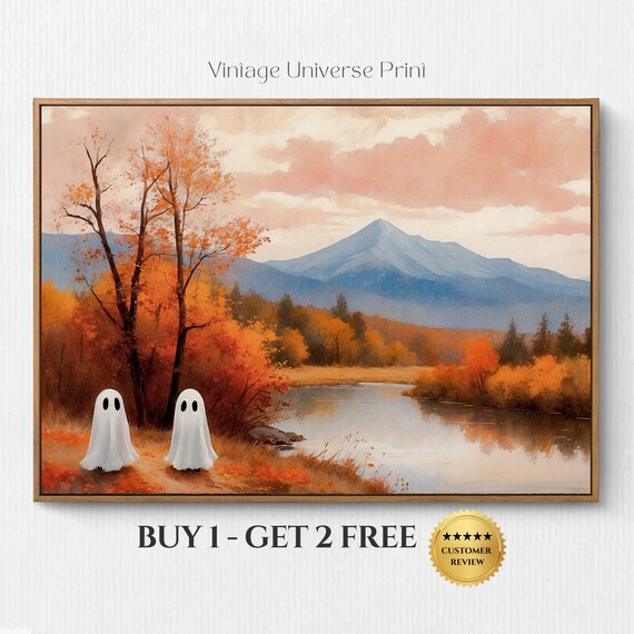 Two Ghosts By A Mountain Lake In A Fiery Autumn Landscape Vintage Painting Poster