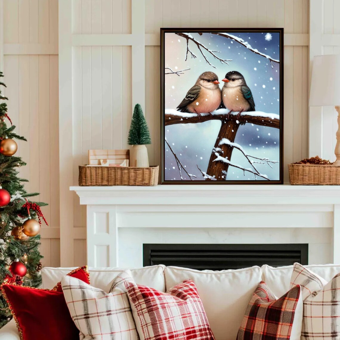 Two Birds on Snowy Branch Winter Vintage Oil Painting Poster - Image 4