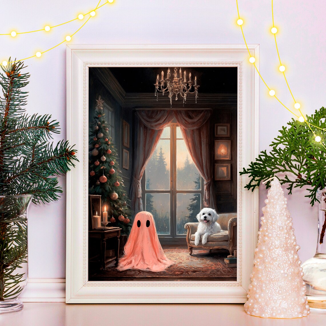 Pink Ghost and White Dog in Cozy Christmas Living Room Print - Image 3