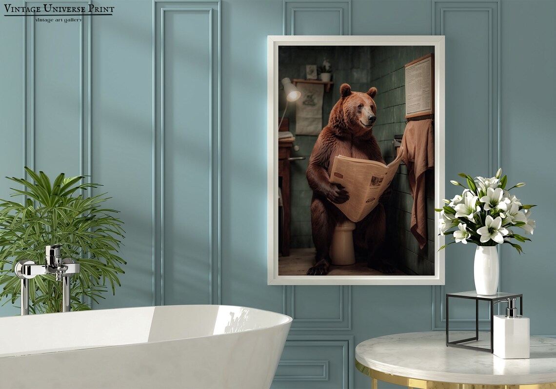 Brown Bear Sitting on a Toilet Reading the Newspaper Funny Bath Poster - Image 3
