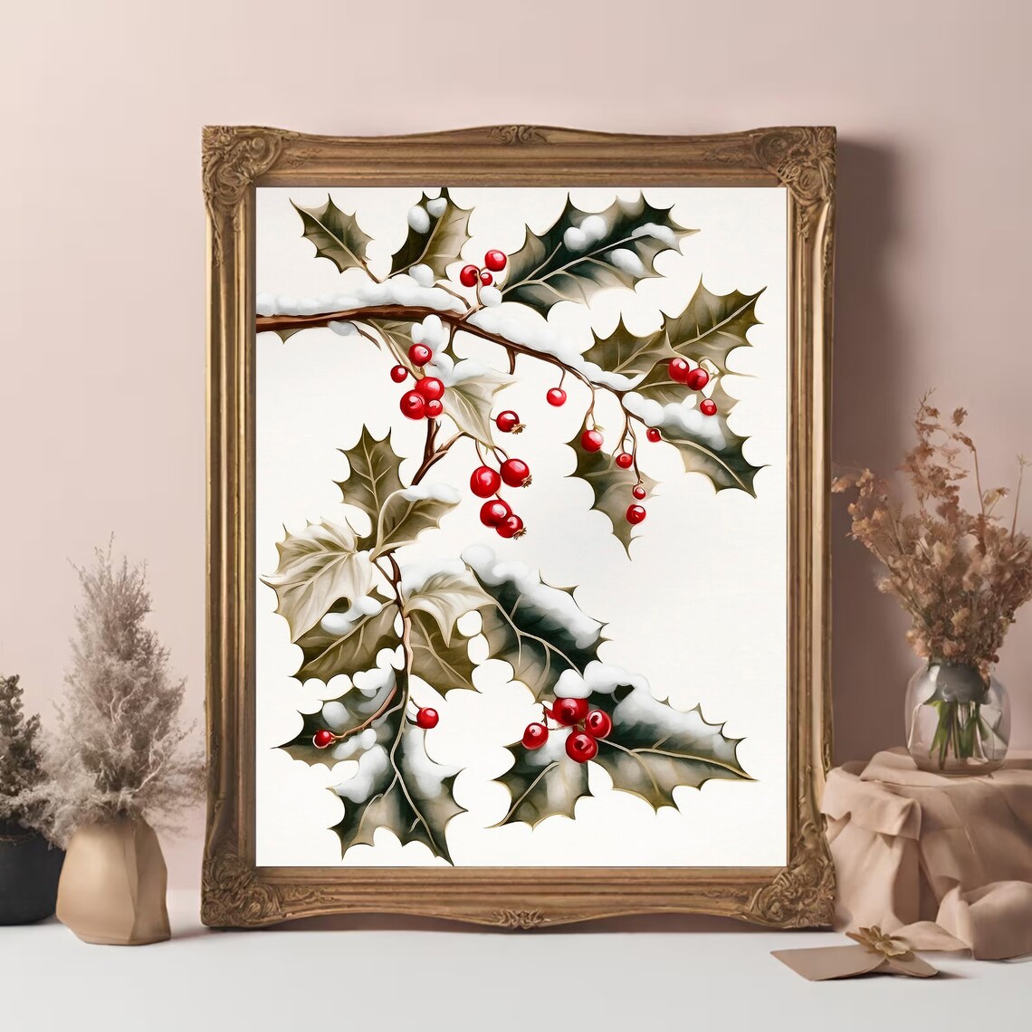 Snowy Holly Branch with Red Berries Vintage Christmas Poster - Image 3