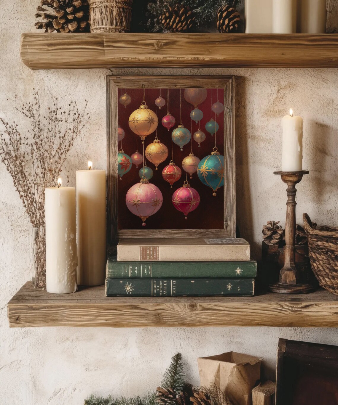 Colorful Christmas Ornaments Baubles On Deep Dark Red Wall Art - Image 4