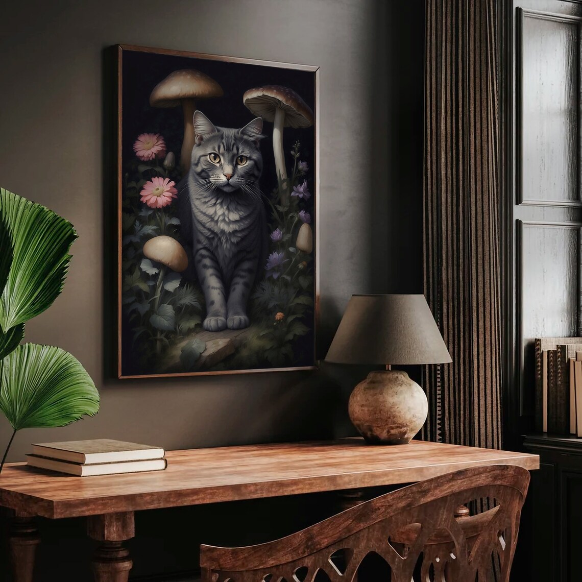 Gray Tabby Cat Among Mushrooms and Flowers at Night Art Print - Image 3