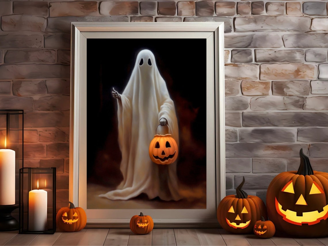 Cute Ghost Holding Jack O Lantern Bucket Halloween Night Poster - Image 5