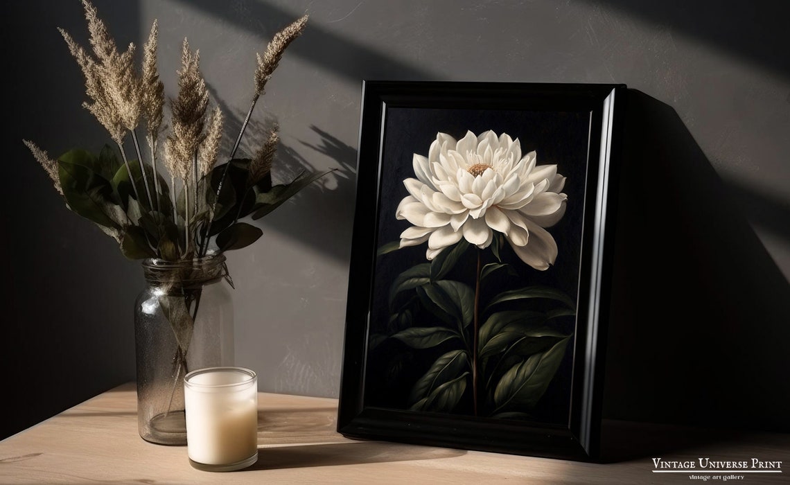 Elegant Giant White Dahlia Bloom Dark Moody Botanical Art Poster - Image 4
