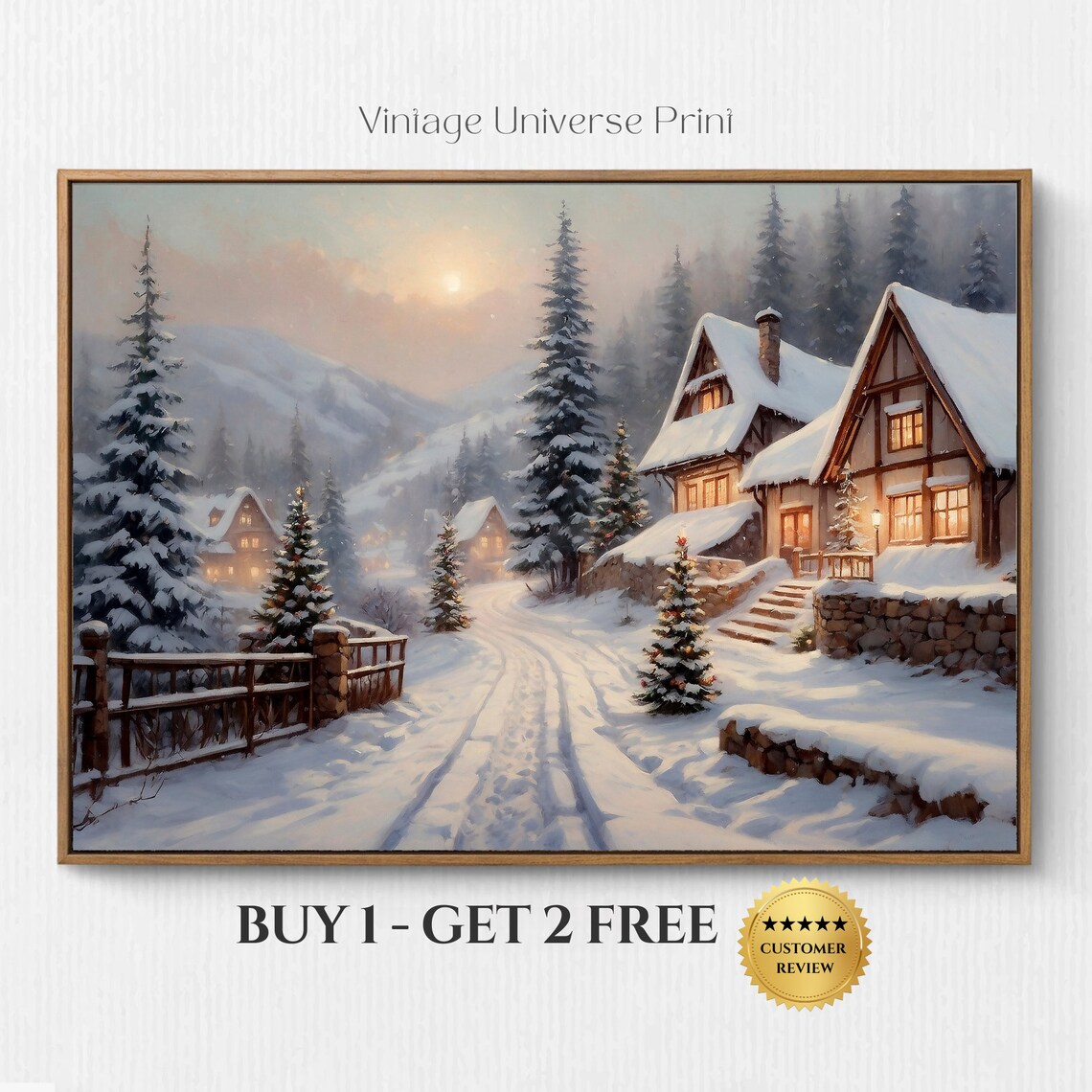 Snowy Alpine Chalet Cabin Glowing Windows Winter Wonderland Poster
