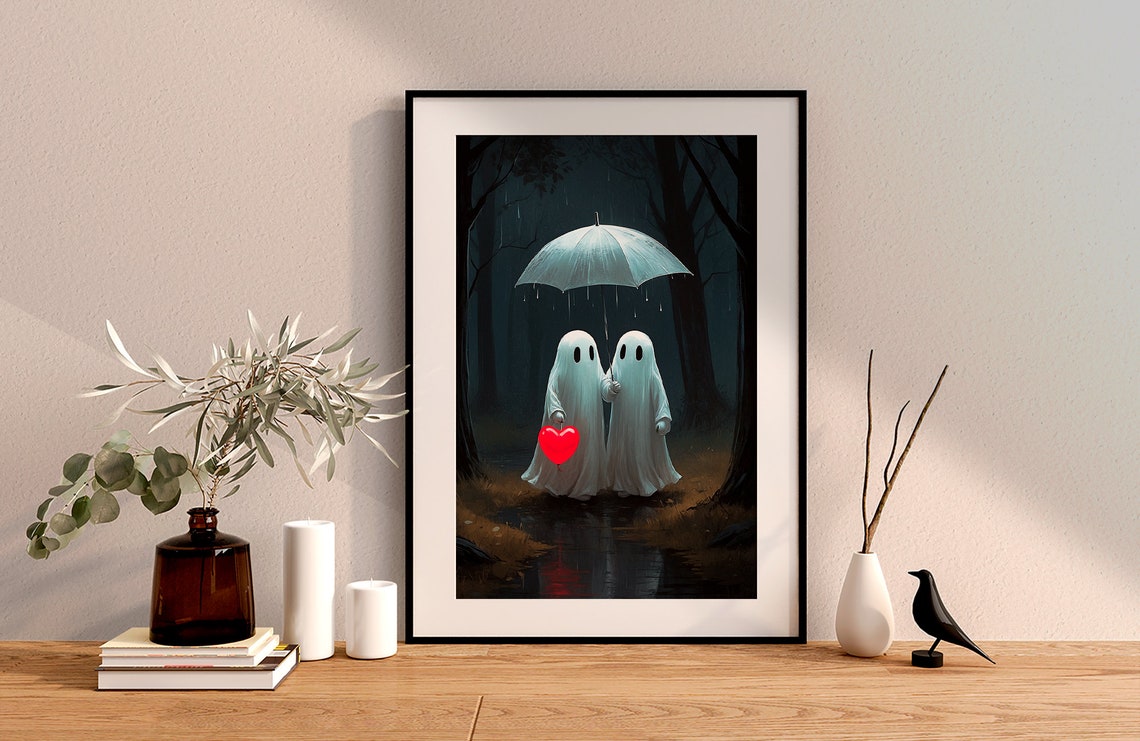 Cute Ghosts In The Rain Print Ghost With The Umbrella In The Forest Spooky Cute Ghosts Fall Wall Art Halloween Decor 142 - Image 2