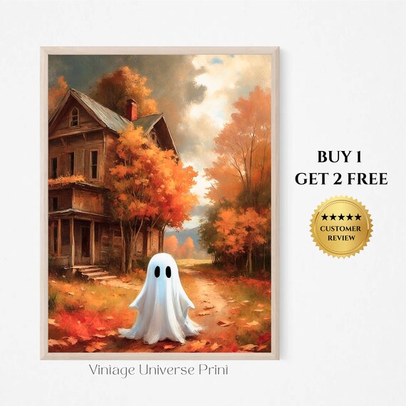 A Lone Ghost On An Autumn Path By A Rustic Farmhouse Vintage Halloween Art Print