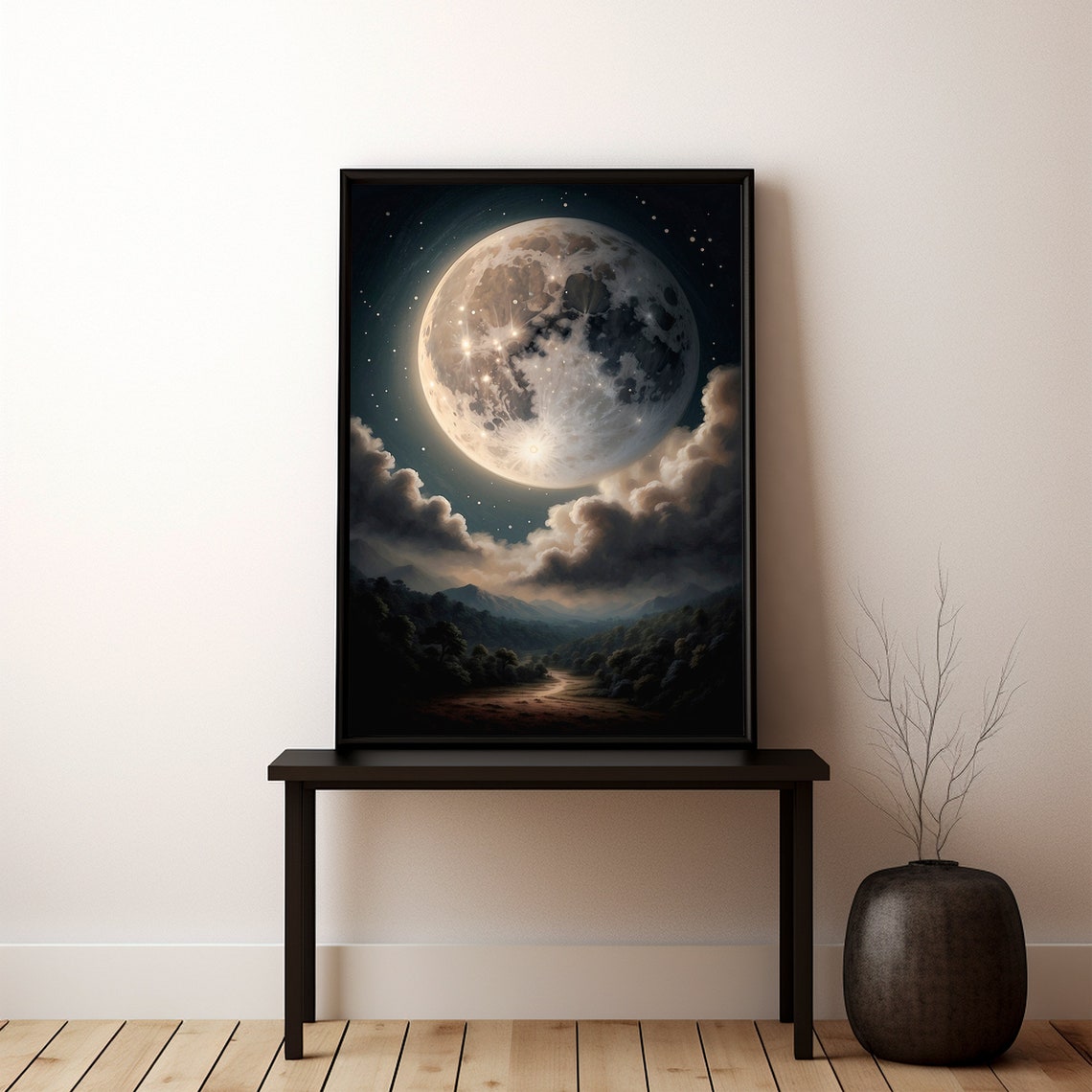 Giant Full Moon Over Mountains with Clouds and a Moonlit Valley Poster - Image 5