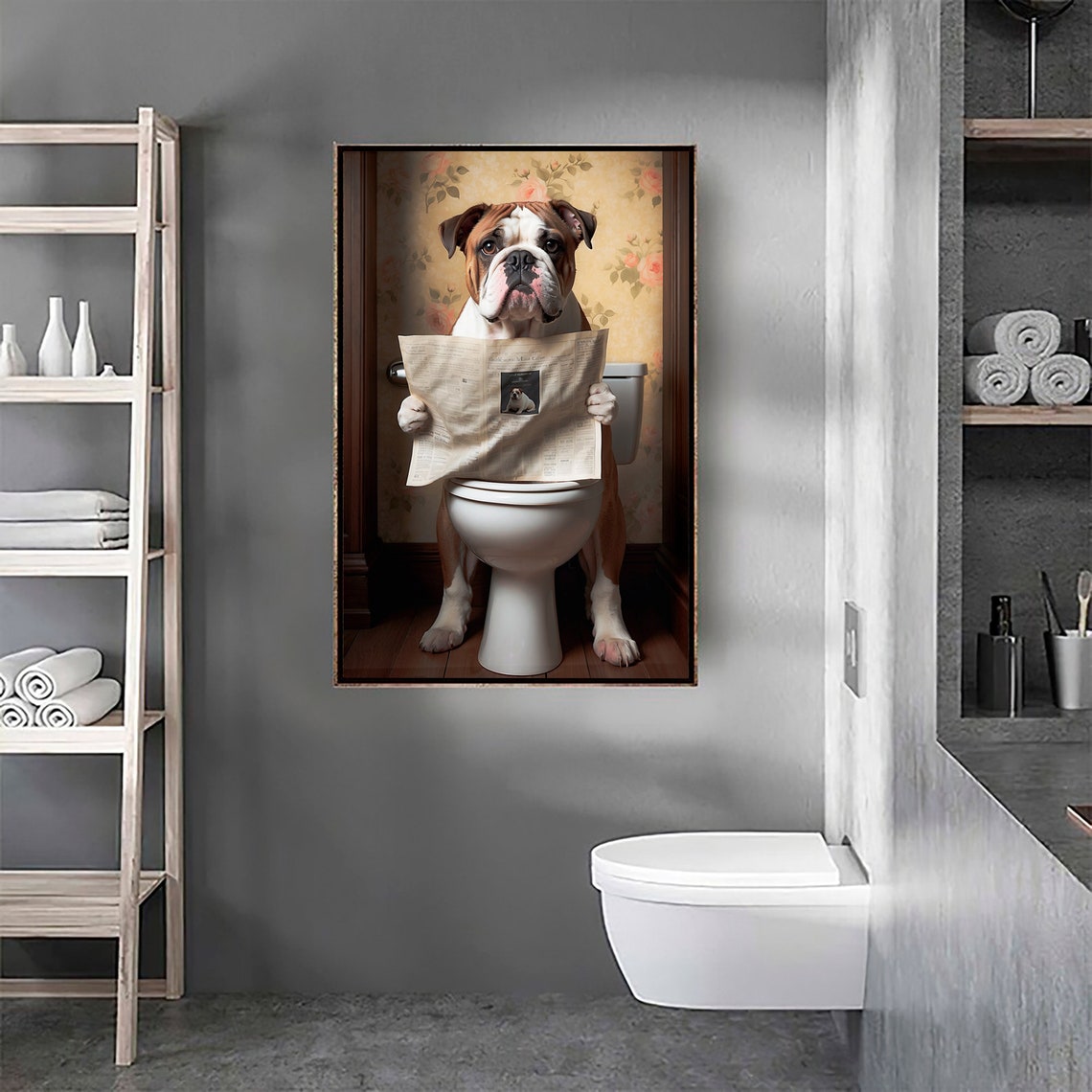 Dog On Toilet Bathroom Print Bulldog Animal Bathroom Art Animal On Toilet Wall Art Funny Bathroom Wall Art Bathroom Decor - Image 2