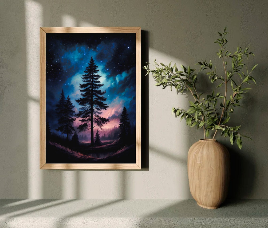 Tall Pine Tree Silhouette Under Teal Starry Night Sky Aurora Wall Art - Image 5