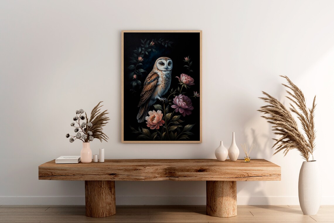 Barn Owl Pink Peony Blooms Moody Floral Dark Night Garden Poster - Image 2