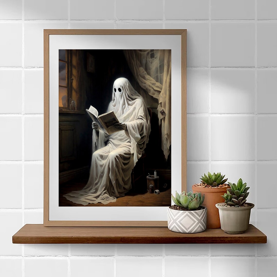 Ghost Sitting on a Toilet Reading a Book in a Candlelit Bathroom Funny Poster - Image 3