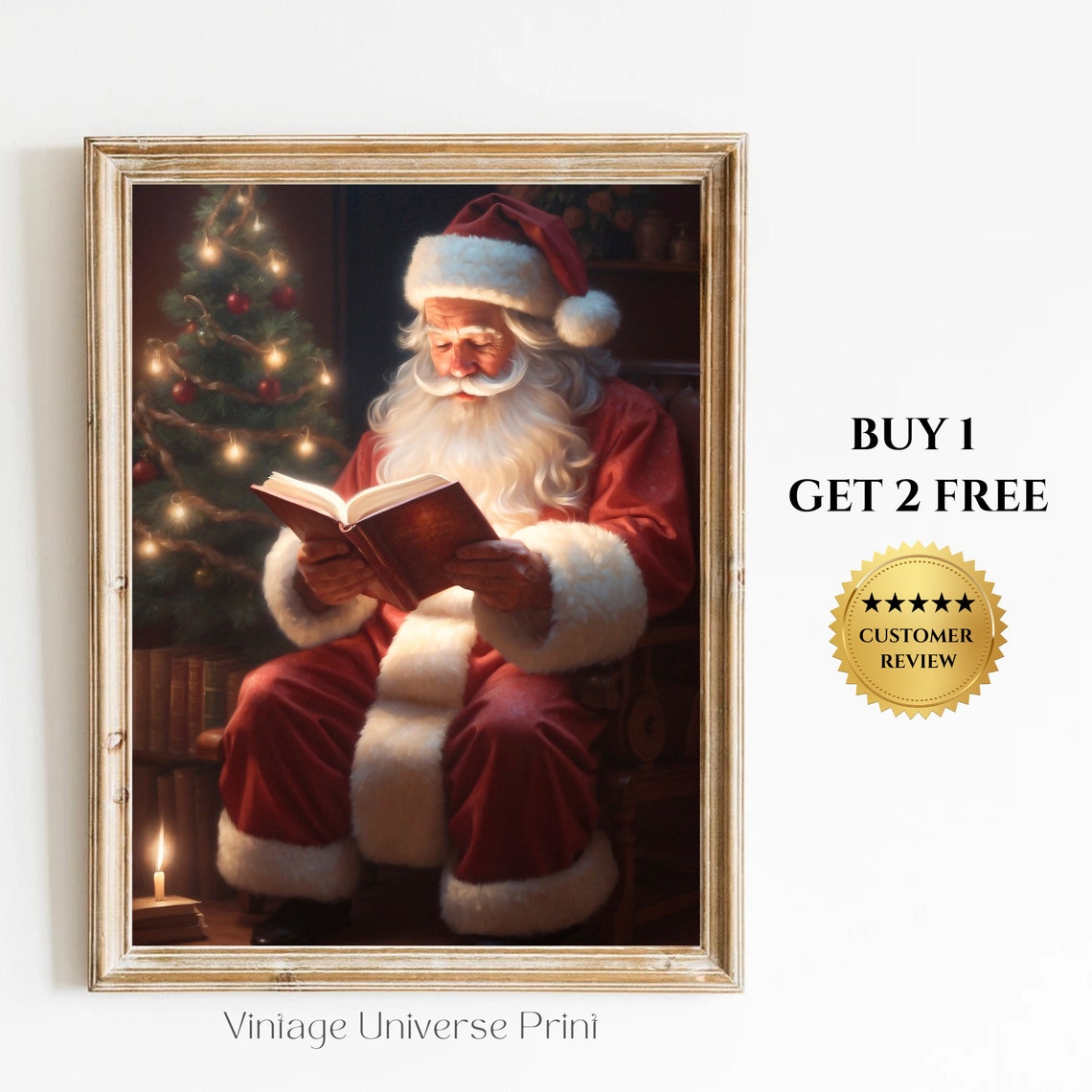 Santa Claus Reading by the Christmas Tree Cozy Holiday Poster