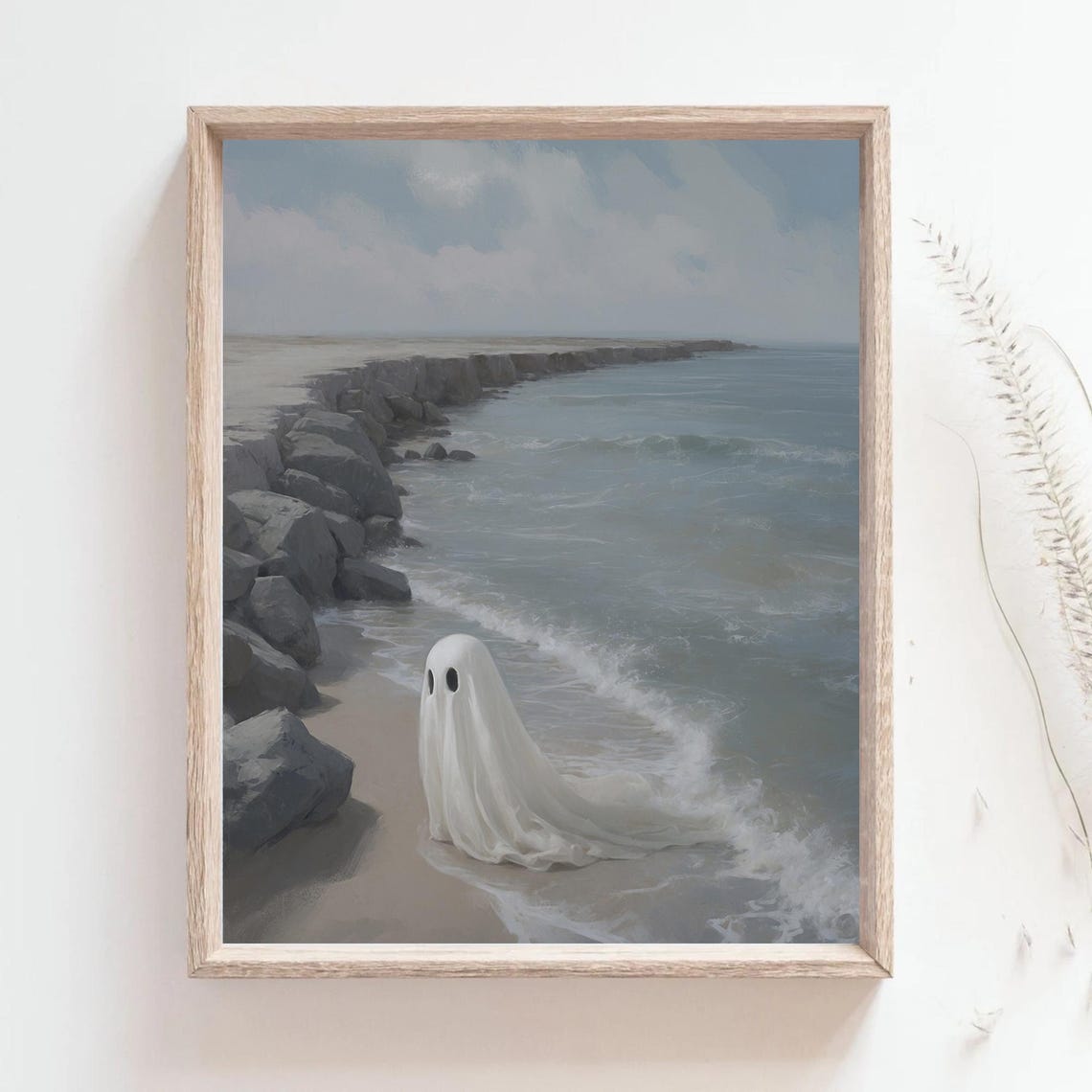 Lonely Ghost On A Rocky Beach Neutral Coastal Halloween Poster - Image 5