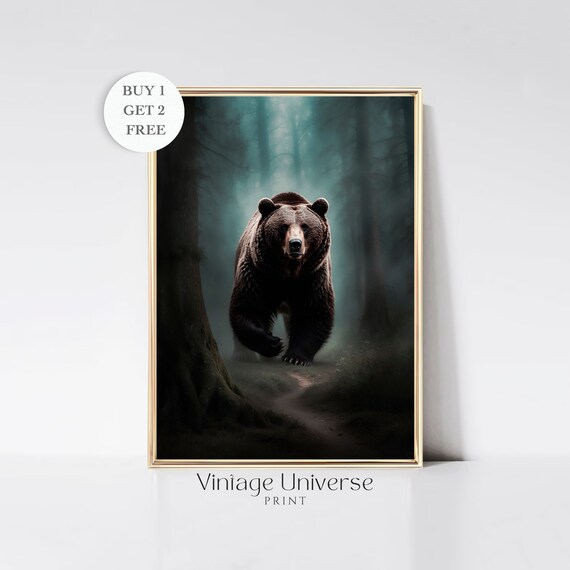 Brown Bear Charging Through a Misty Dark Forest Wildlife Wall Art